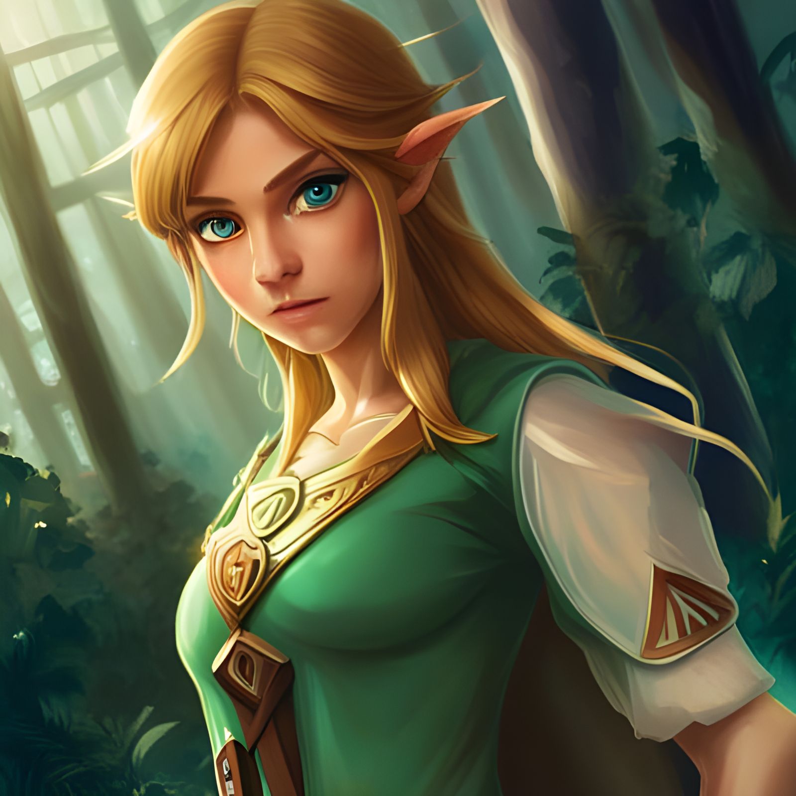 Determined Zelda in Hyperrealistic Forest Scene