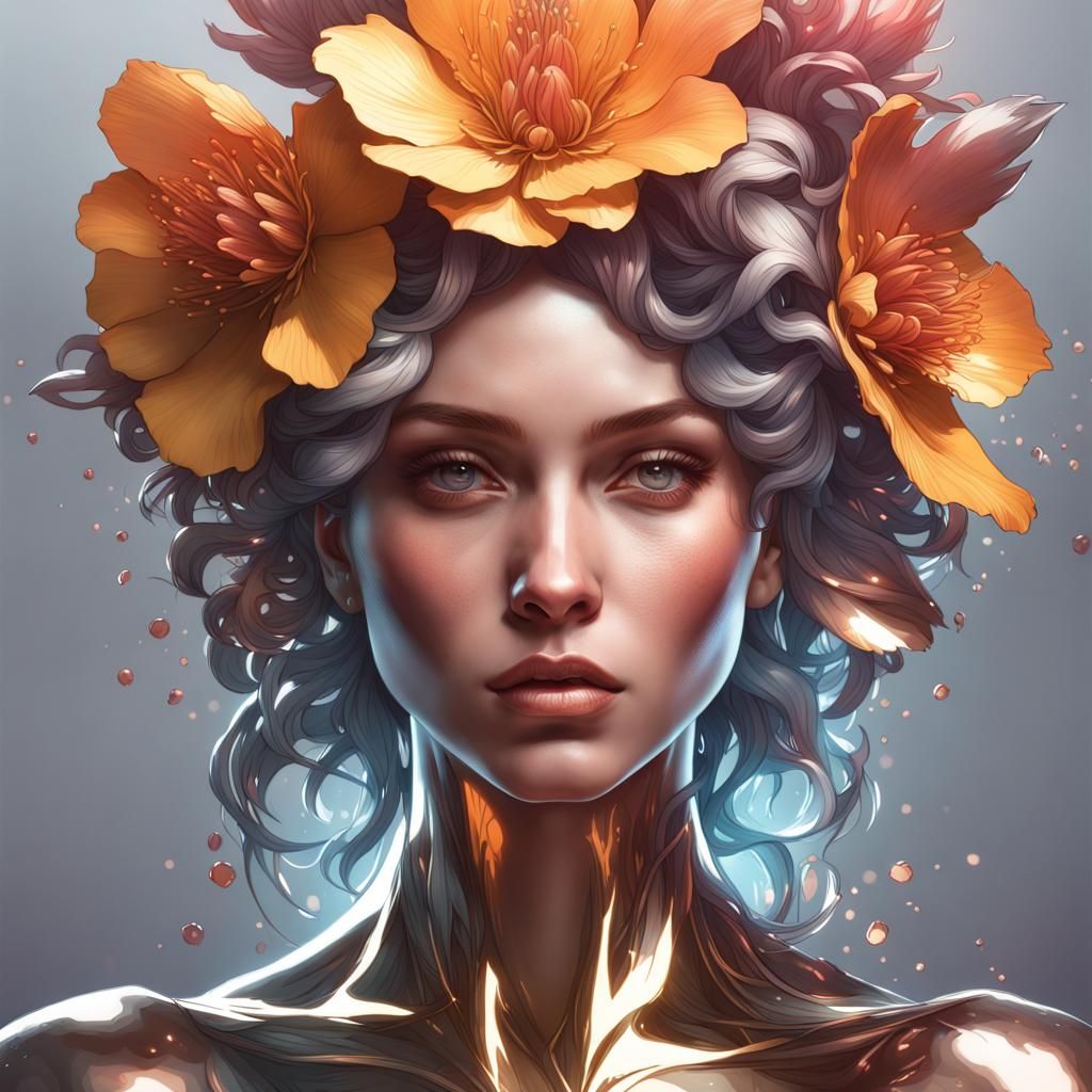 Liquid Metallic Flower Portrait in Digital Art Style