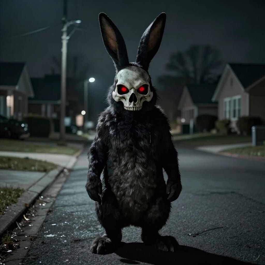 Menacing Skull Mask Bunny on Night Street