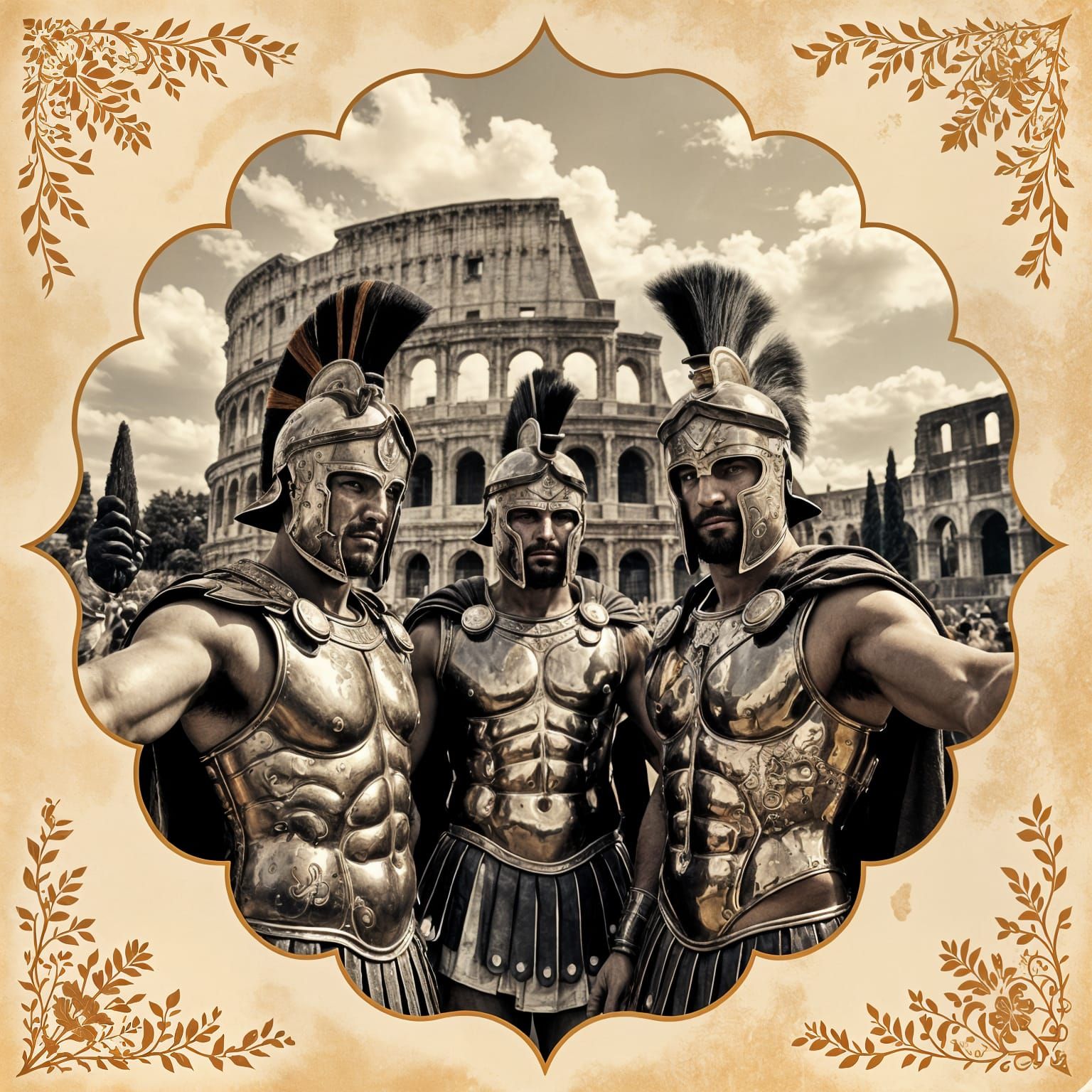 Gladiators Selfie at Colosseum in Vintage Sepia Photograph