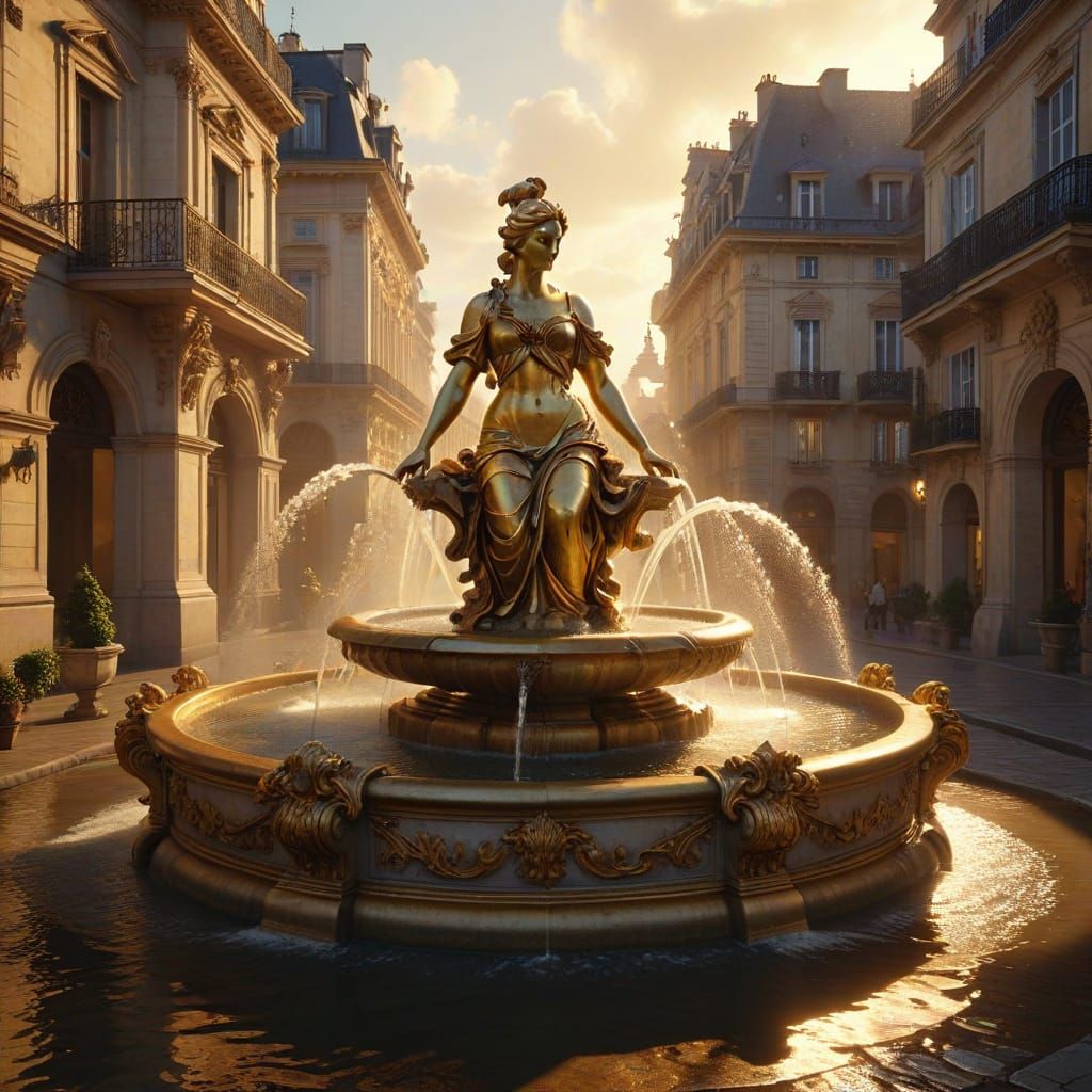 Baroque Fountain in French City at Sunset