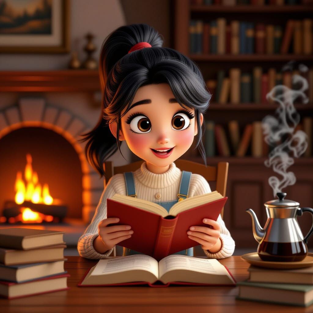 Pretty Girl Reads Book by Cozy Fireplace