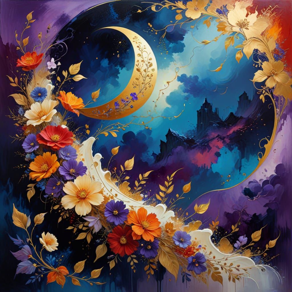 Surreal Dreamscape with Golden Floral Steps and Deep Blue Ho...