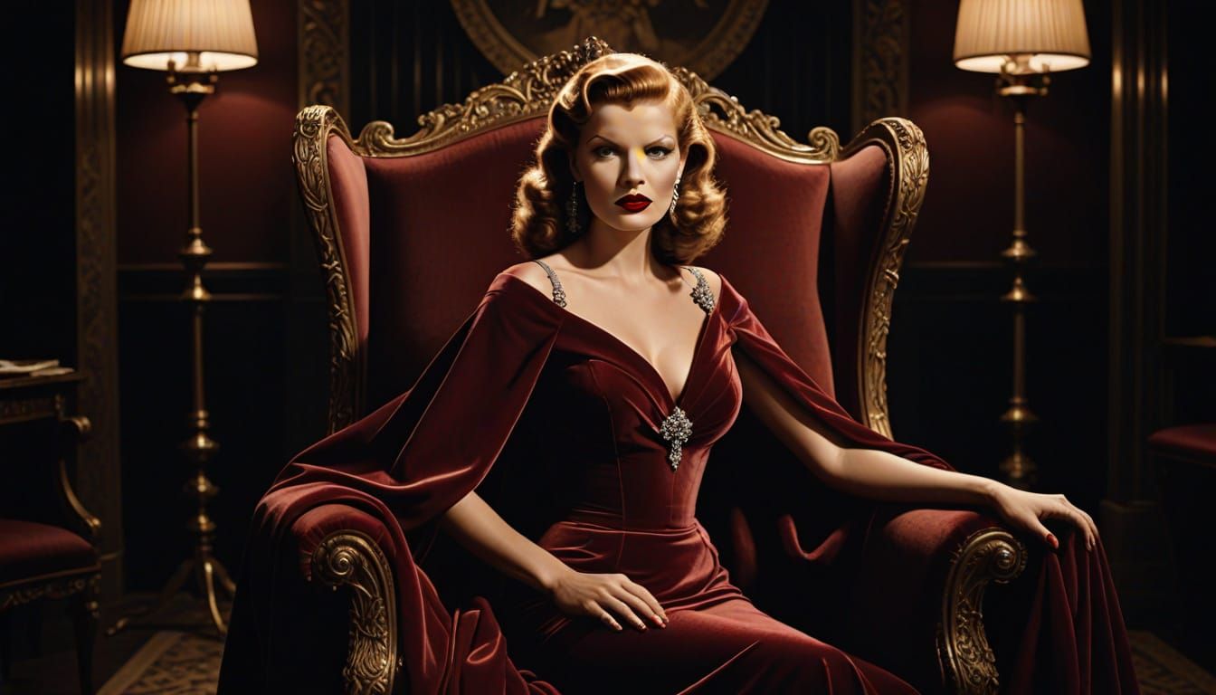 Glamorous Rita Hayworth in Film Noir Latex Cape