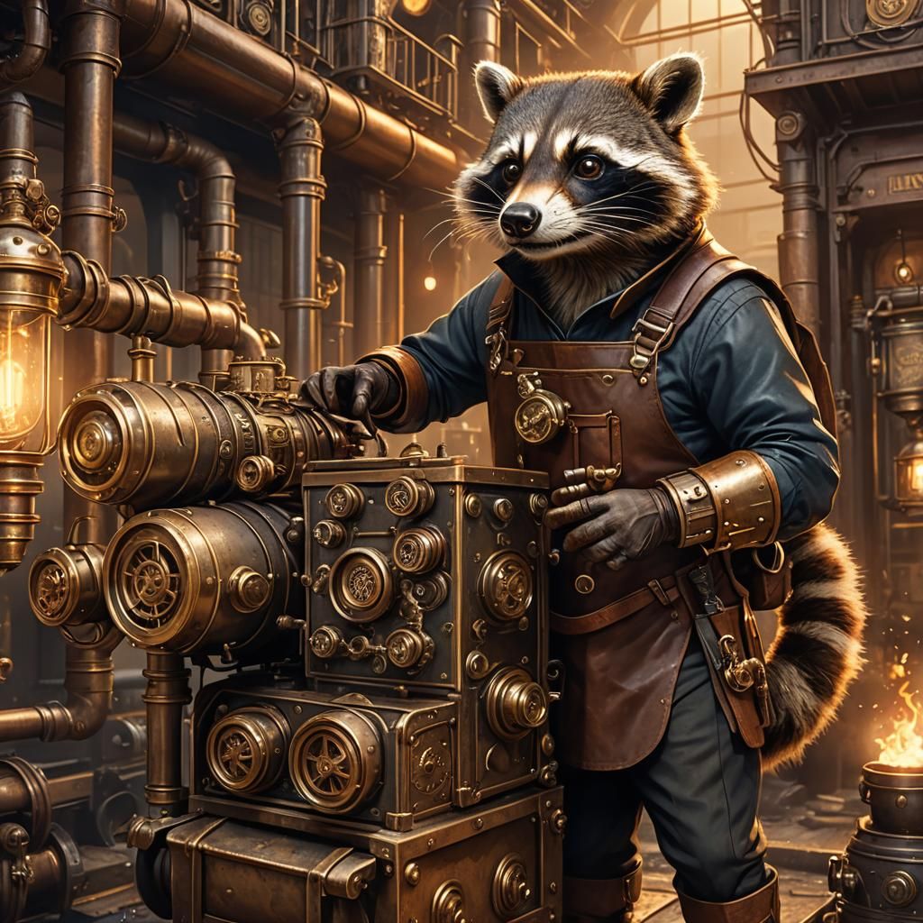 Steampunk Raccoon Operates Steam-Powered Compactor