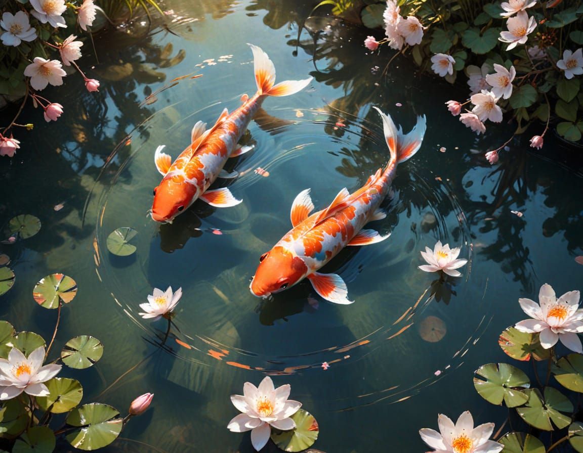 Koi Fish Under Cherry Blossoms, Watercolor Style