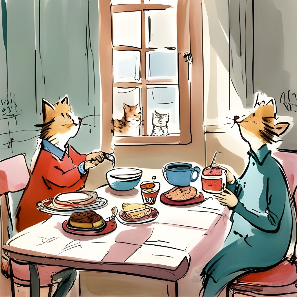 Cats Enjoying Cake: A Quentin Blake-Inspired Scene