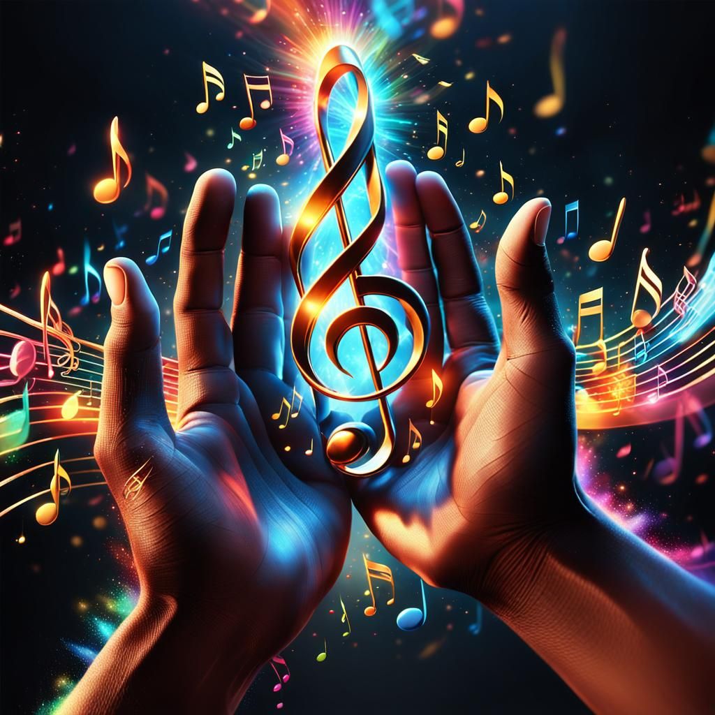 Hands Releasing Vibrant Music Notes in Digital Art
