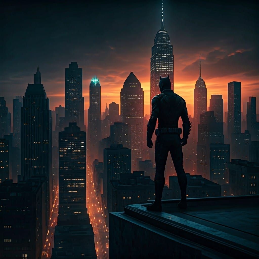 Gritty Cityscape Hero at Dusk: Cinematic Film Still