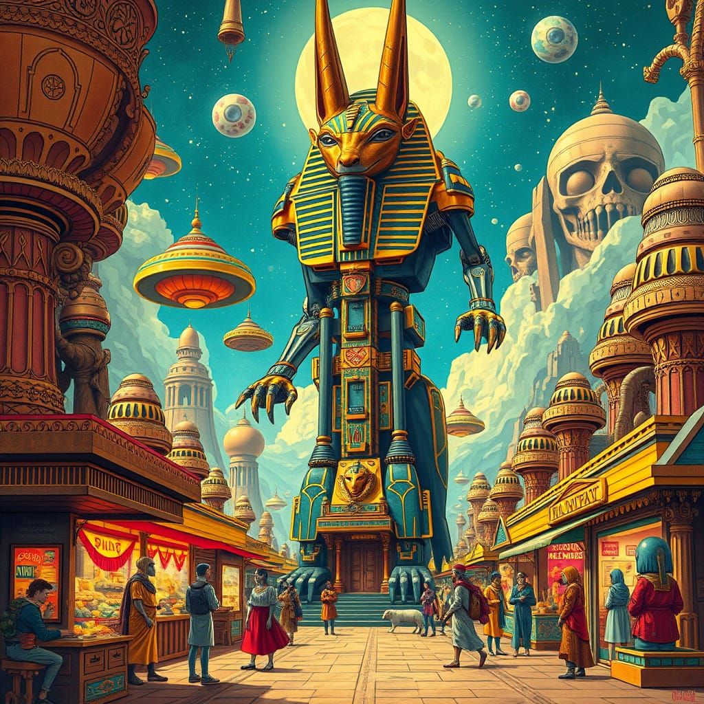 Anubis in a Futuristic Egyptian Art Nouveau World