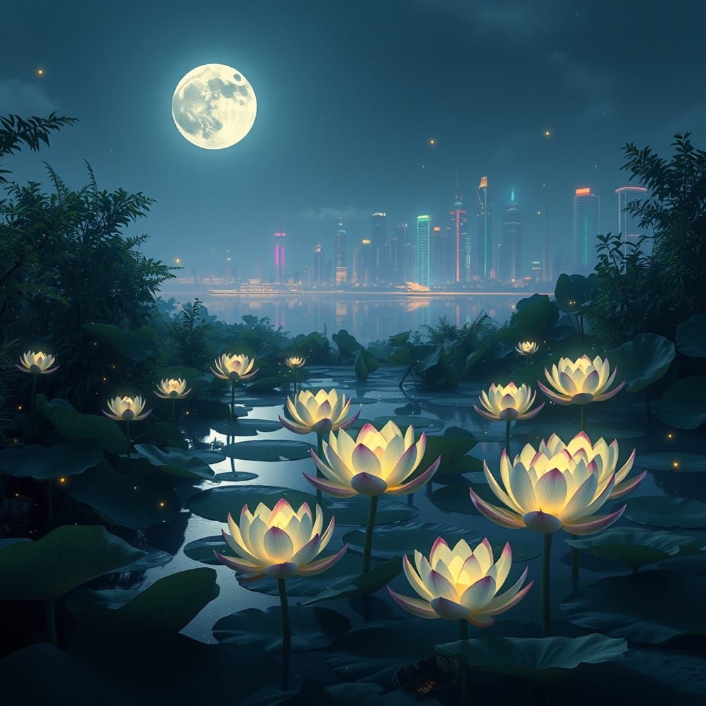 Glowing Lotus Blooms in Futuristic Serenity
