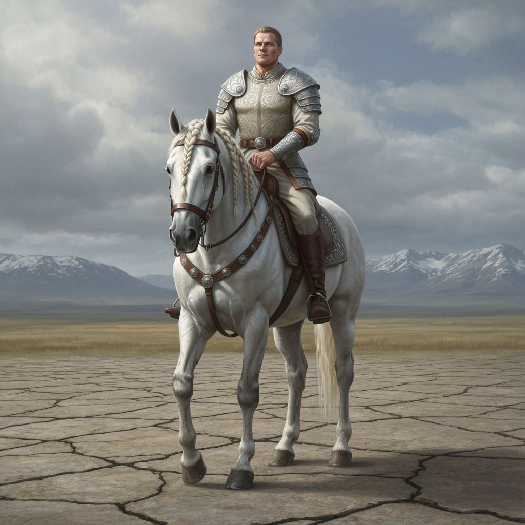 Heroic Knight on White Stallion in Open Plain