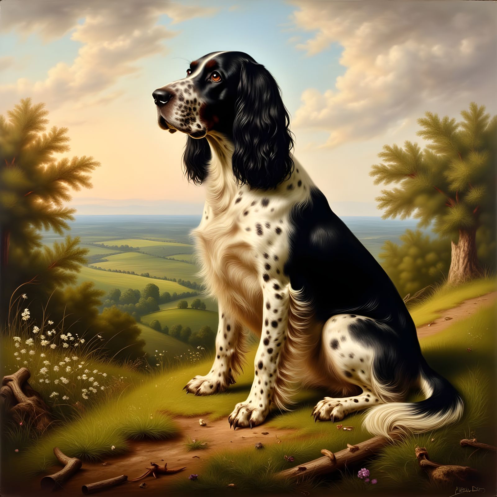 Surreal Oil Painting of a Springer Spaniel in a Spring Lands...