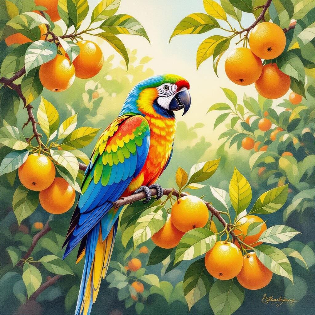 Vibrant Tropical Parrot on Fruit-Laden Orange Tree