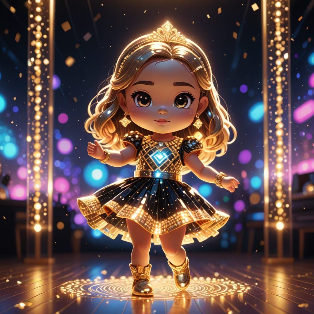 Glamorous Chibi Girl Dancing in Neon Interior, Fashion Illus...