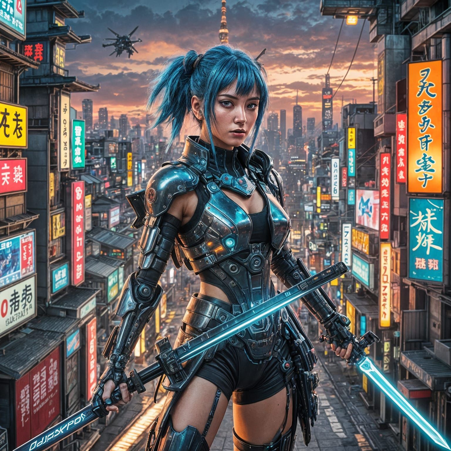 Futuristic female samurai with blue hair and cybernetic enhancements stands in the neon-lit streets of a futuristic Toky...