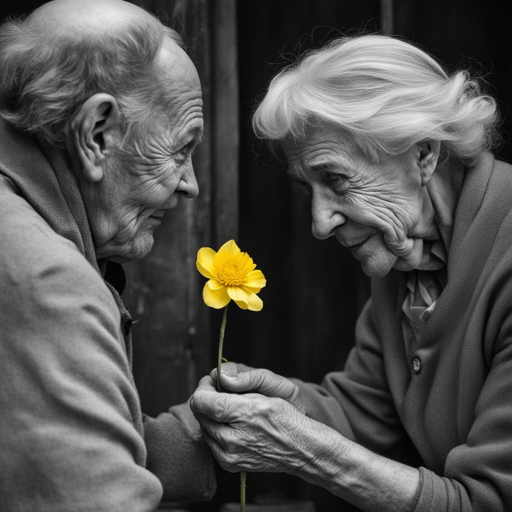 Elderly Man Offers Flower in Greyscale Photo
