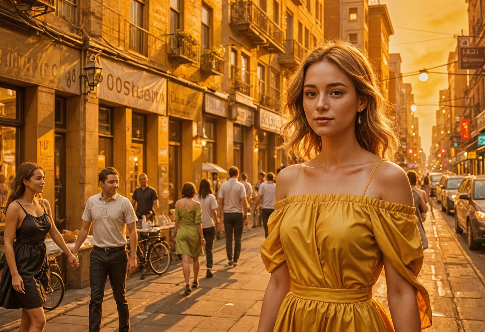 Confident Woman in Yellow Off-the-Shoulder Dress Under Soft ...