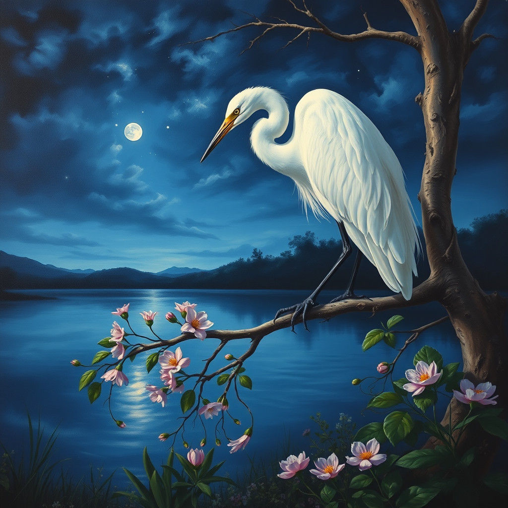 Elegant White Bird in Dark Fantasy Nighttime Scene