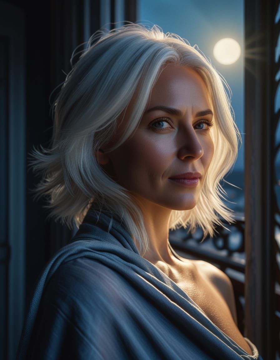 Woman on Balcony in Moonlight, Oil Painting