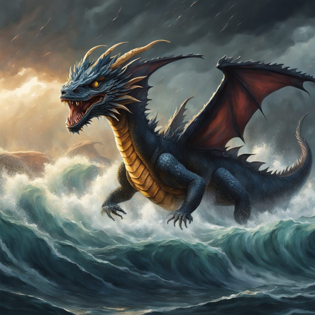 Water Dragons in Stormy Seas Concept Art