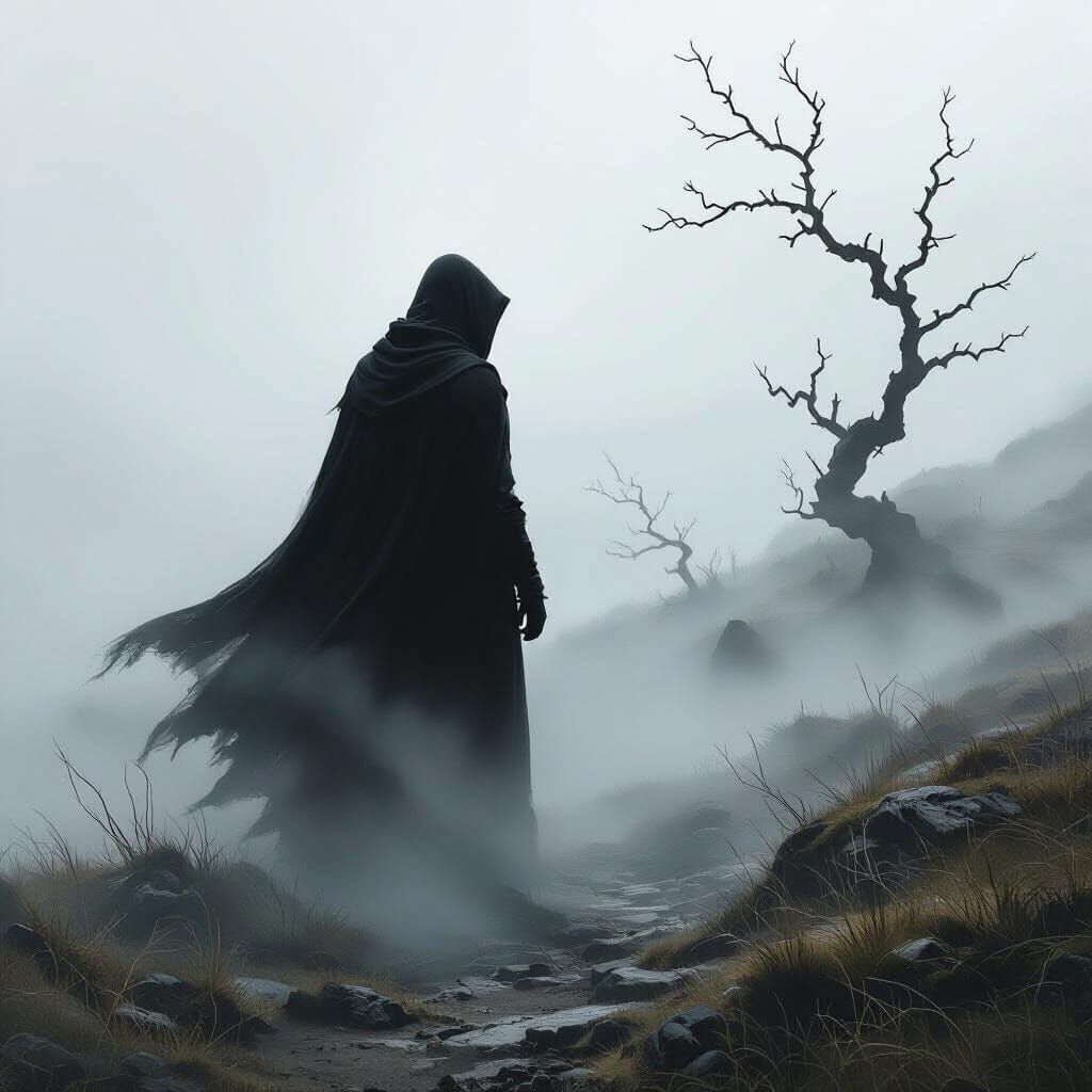 Misty Moor Silhouette in Dark Fantasy Style