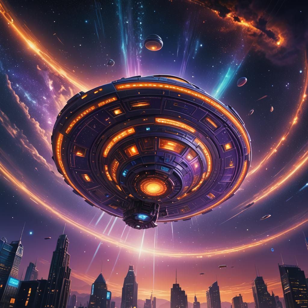 UFO Flying Saucer Over Starry Night Sky