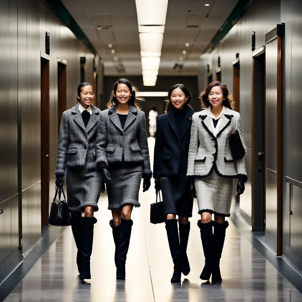 Businesswomen in Fuzzy Tweed Suits and Boots