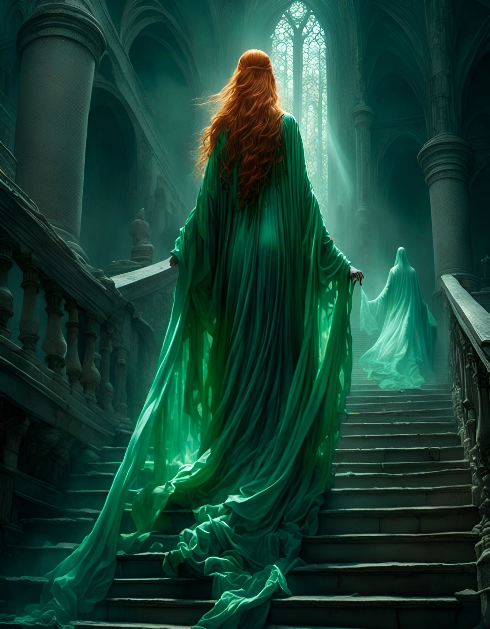 Sinister Woman in Cloak Descending Stairs