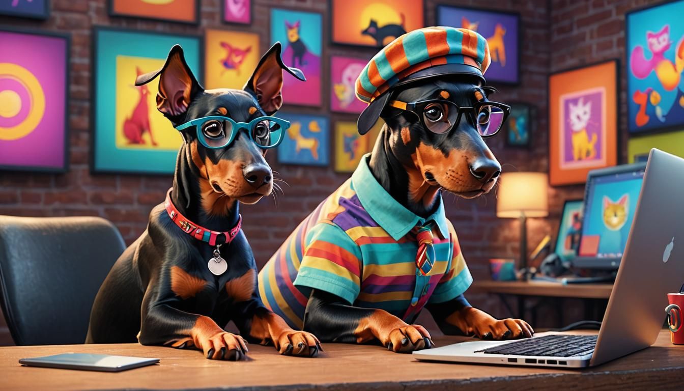 Doberman Using Laptop: 3D Digital Art