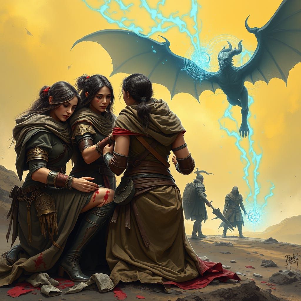 Warrior Women Tend to Wounds, Shielded by Mystical Barrier