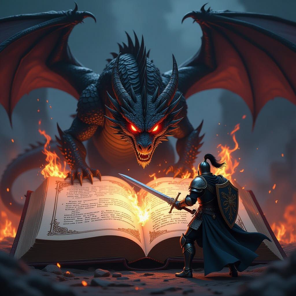 Knight Battles Dragon From Fiery Book in Fantasy Illustratio...