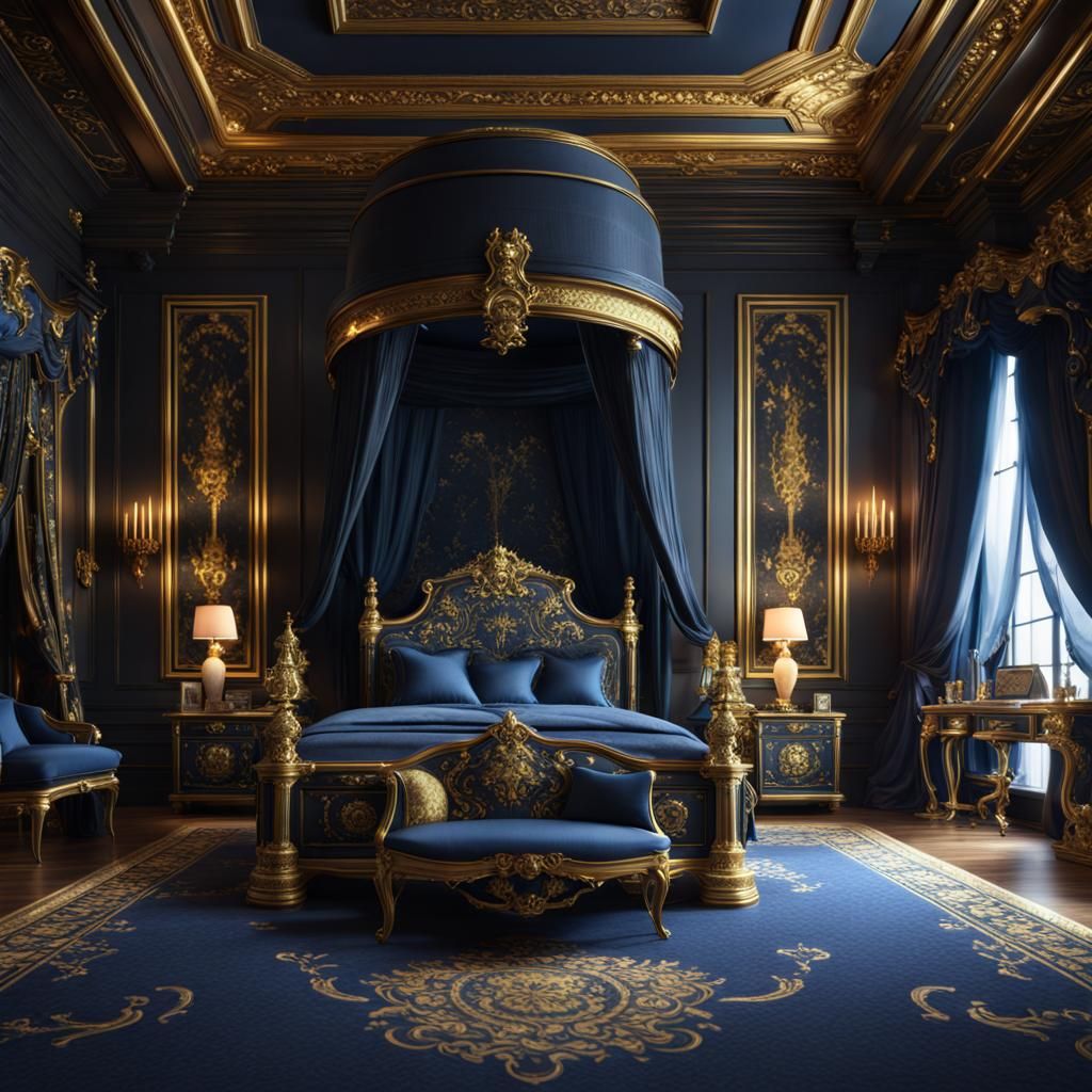Black and Blue Royal Bedroom with Gold Accents