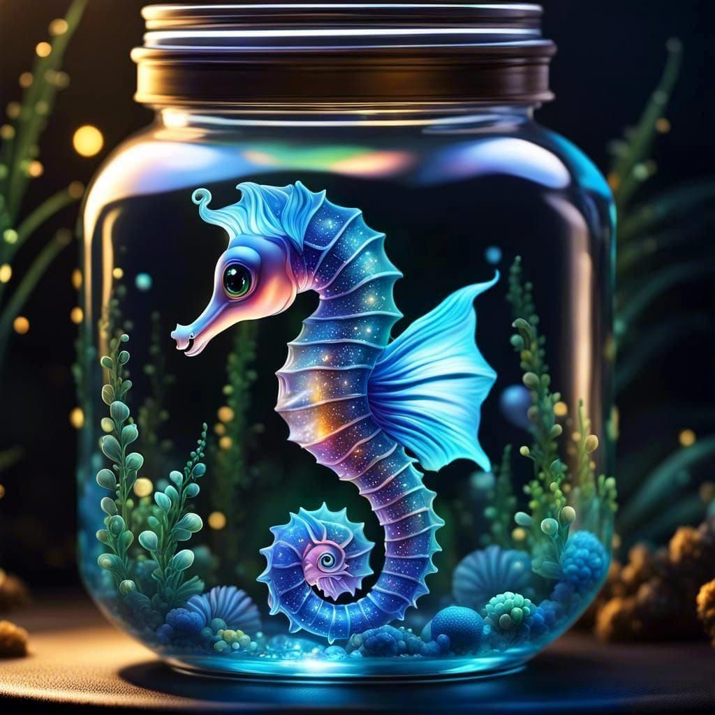 Glowing Seahorse in a Jar: Surrealcore Illustration