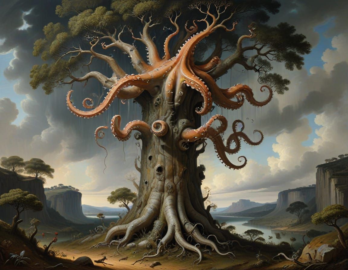 Mystical Octopus Tree: Surreal Trompe L'oeil