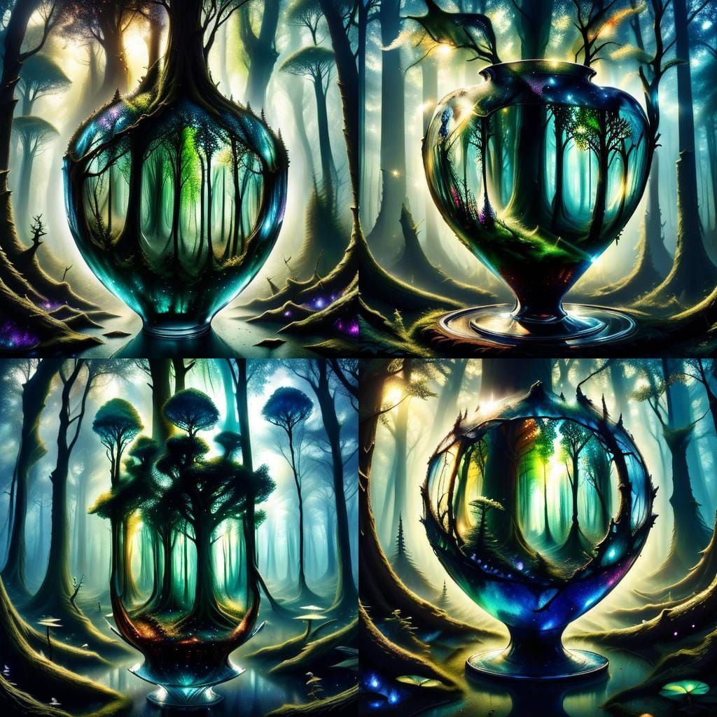 Enchanted Forest in Coffee Cup Under Stars