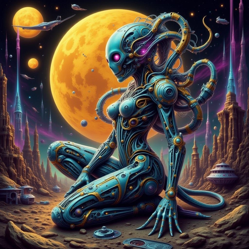 Alien Kneeling in Spaceship Cityscape, in Art Deco Style