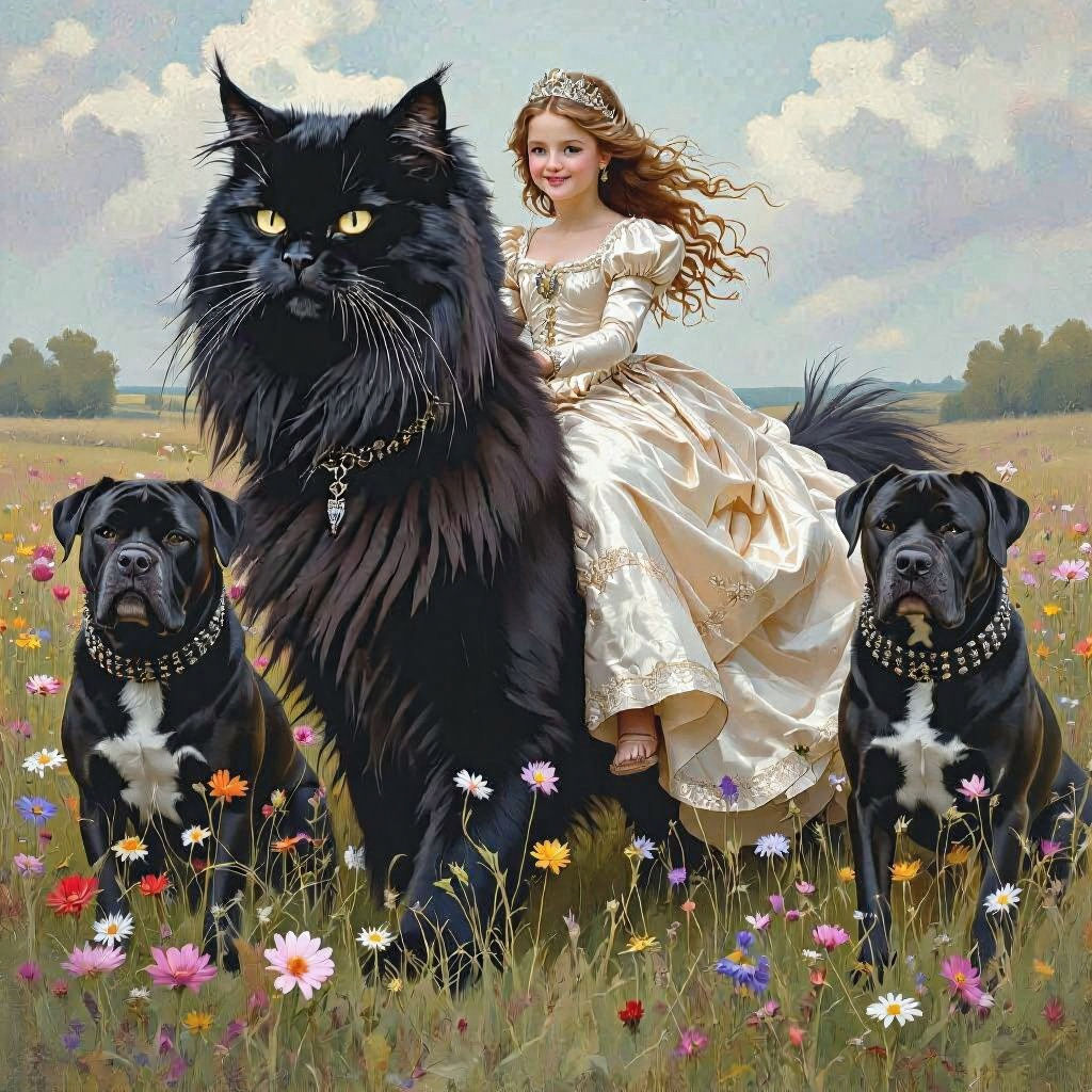 Princess Rides Giant Cat Through Wildflower Field