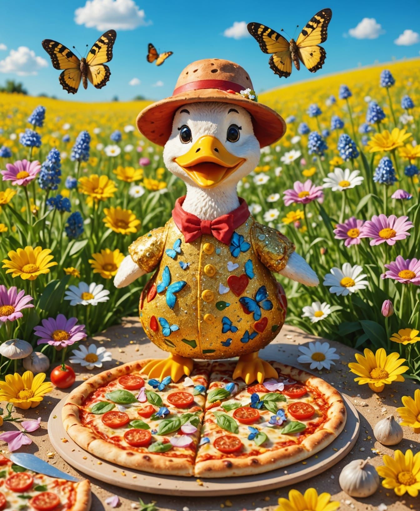 Realistic 3D Pizza Beach Holiday with Duck