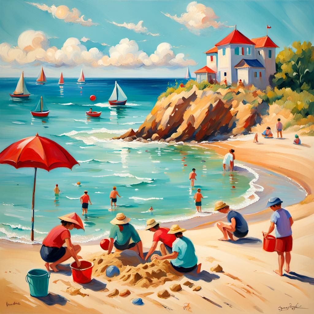 Impressionist Seaside Sandcastle Scene in Bold Colors