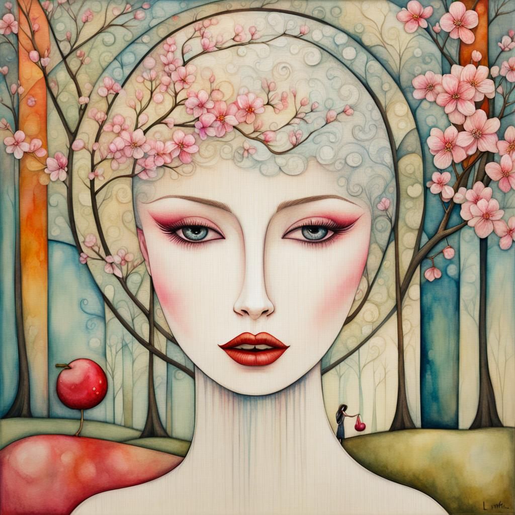 Transparent Woman and Cherry Blossom Tree in Art Brut