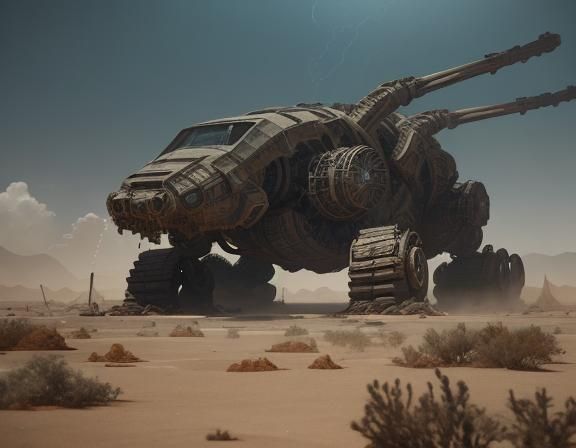 Dystopian Mechanical Titan in Desert Wasteland