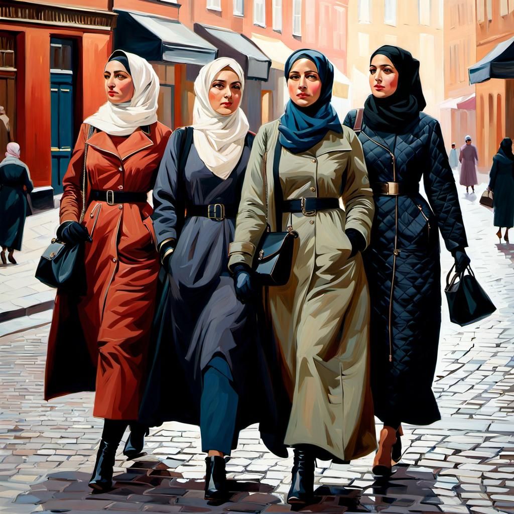 City Walk: Oil Painting of Three Women