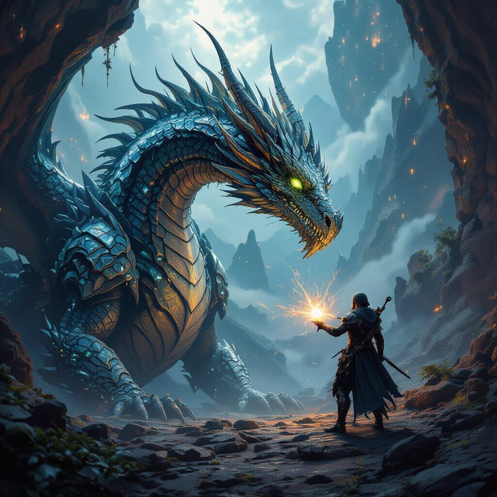 Cybernetic Dragon and Rider in Post-Apocalyptic Metaverse