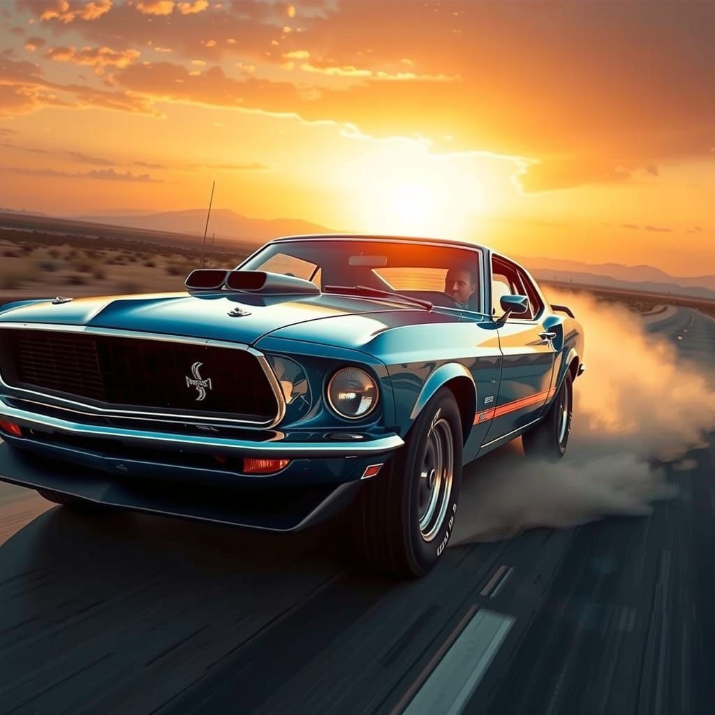 Vintage Mustang Speeds Through Desert Highway at Twilight