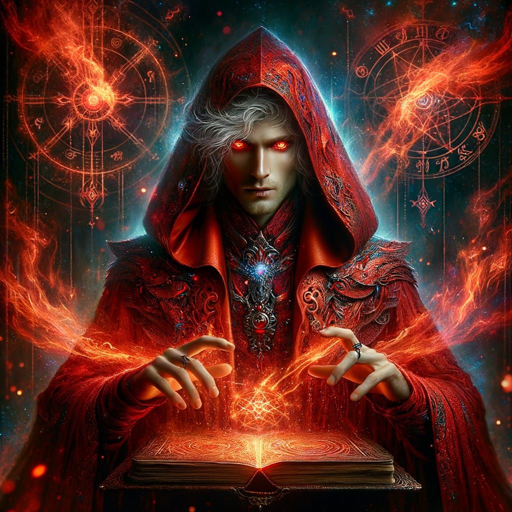 Captivating Red Sorcerer Amidst Ancient Symbols