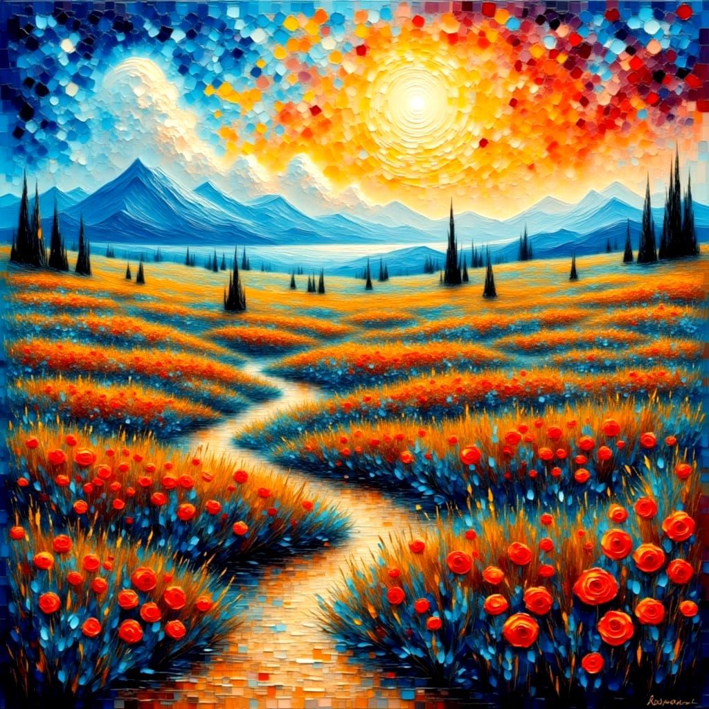 Vibrant Neo-Impressionist Mosaic Landscape with Golden Light