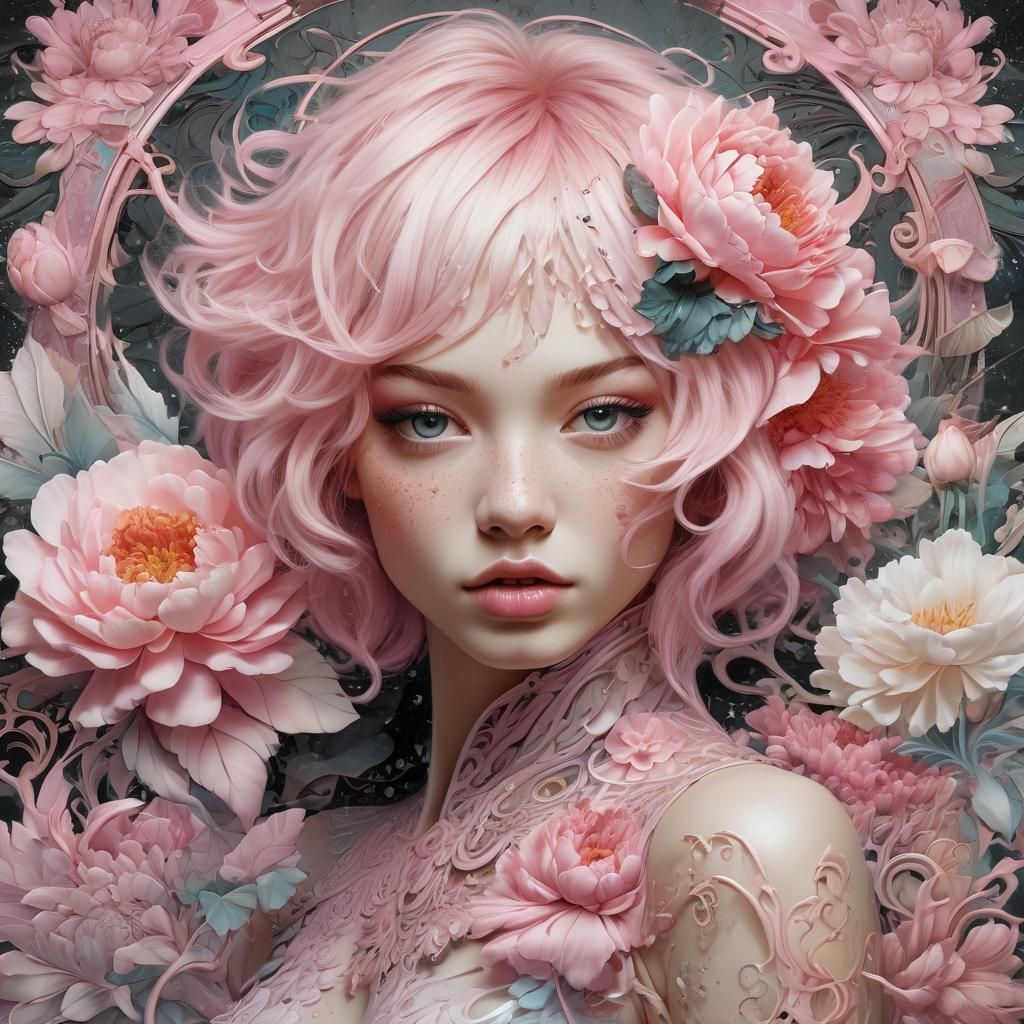 Pink-Haired Lady with Peony in Fantasy Airbrush Art
