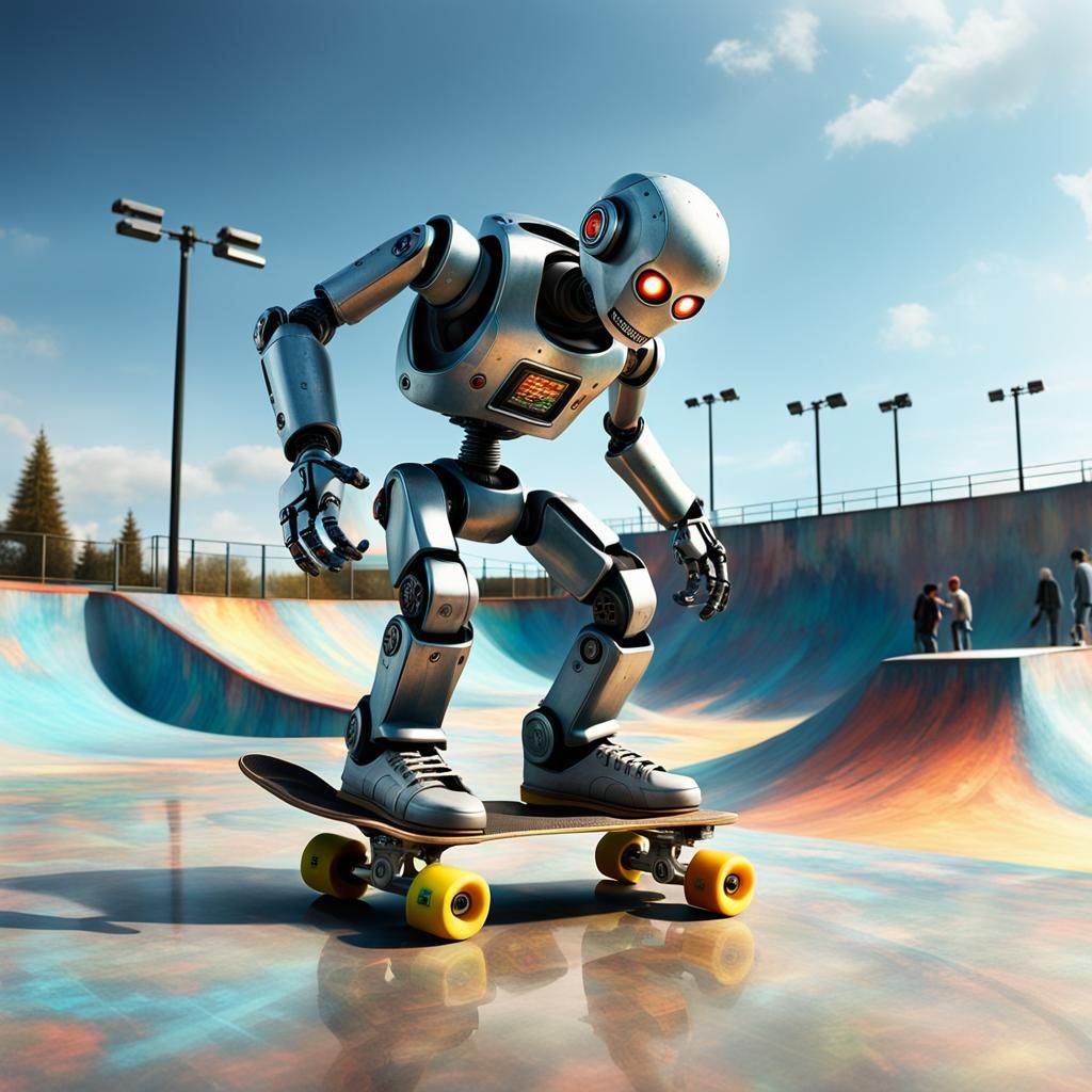 Robot on Skateboard in Skatepark: Hyperrealistic HDR Image