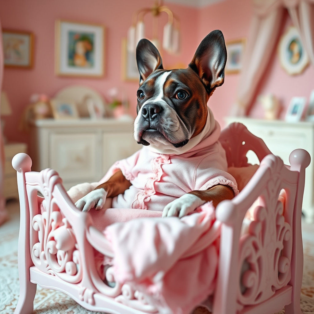 Staffordshire Bull Terrier as Baby in Pink Nursery